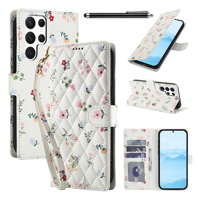 Wallet Case for Samsung Galaxy S23 Ultra , PU Leather Phone Cover Kickstand RFID Blocking Flip Case Card Slots Wrist Strap Relief Engraved Pattern Magnetic With Stylus Pen, Pink Flower