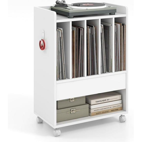 CRXX Record Player Stand, Rolling Turntable Stand with Drawer, Hook & Lockable Wheels, Vinyl Record Display Shelf Holds Up to 180 Albums, for Living Room Bedroom (White)