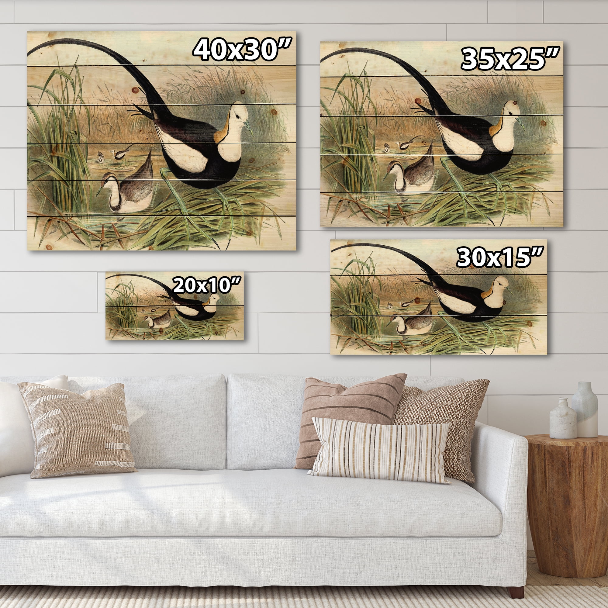 Designart 'Vintage Countryside Birds In Lake' Farmhouse Print on Natural Pine Wood