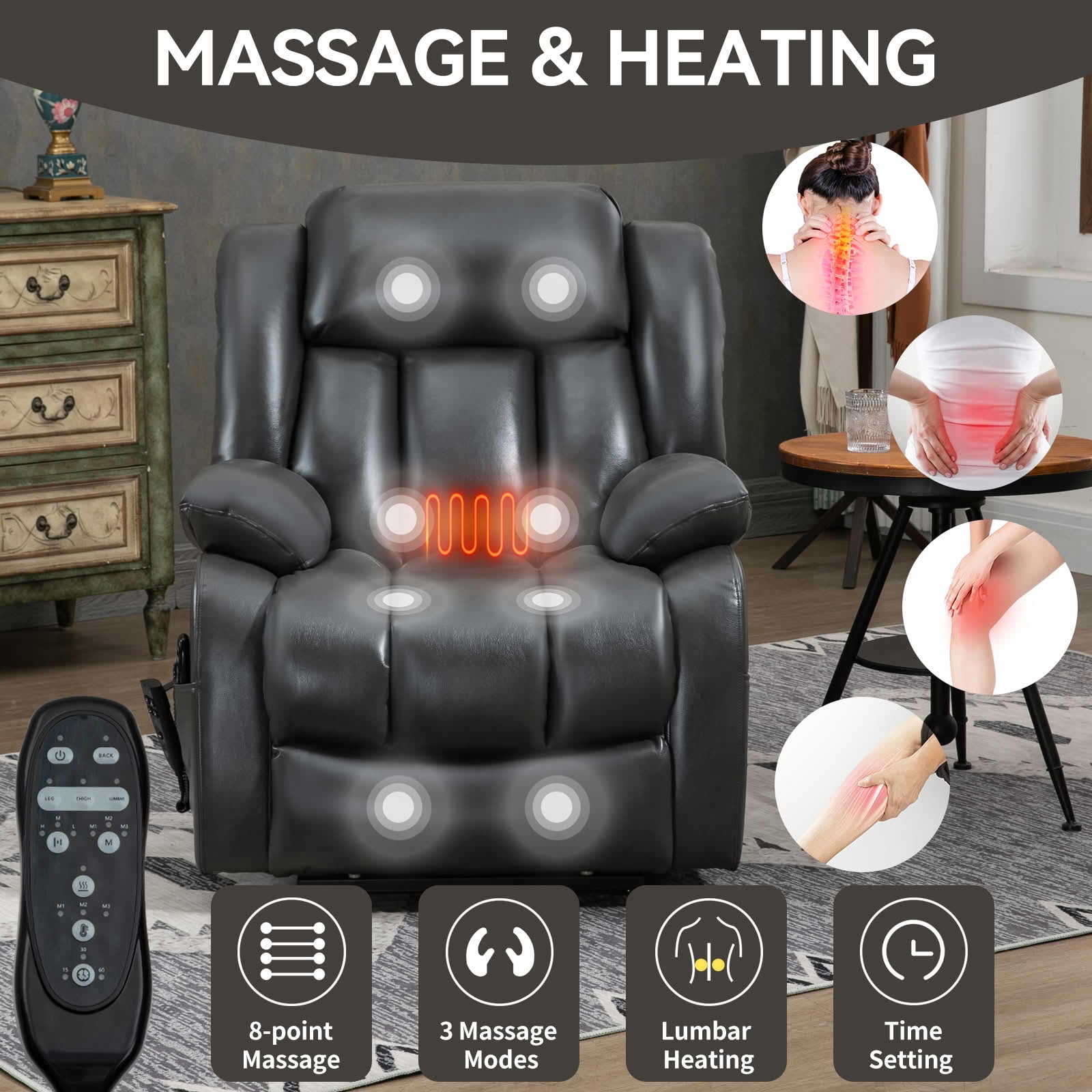MAYEERTY Grey Dual Motor Power Lift Recliner, 350lbs 8-Point Massage Heat 180° 36"x40"x43" for Elderly