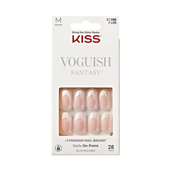 KISS Voguish Fantasy, Press On Nails, Golden Warmth, White, Medium Oval, 28 Count