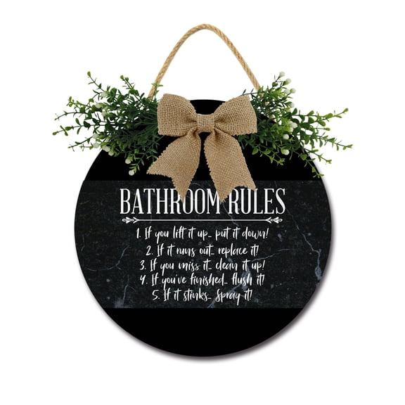 Farmhouse Bathroom Wall Decor - Rustic Framed Round Wooden Sign - Vintage Decoration for Toilet Washroom Restroom - 11 x 11 inch (Bathroom Rules)