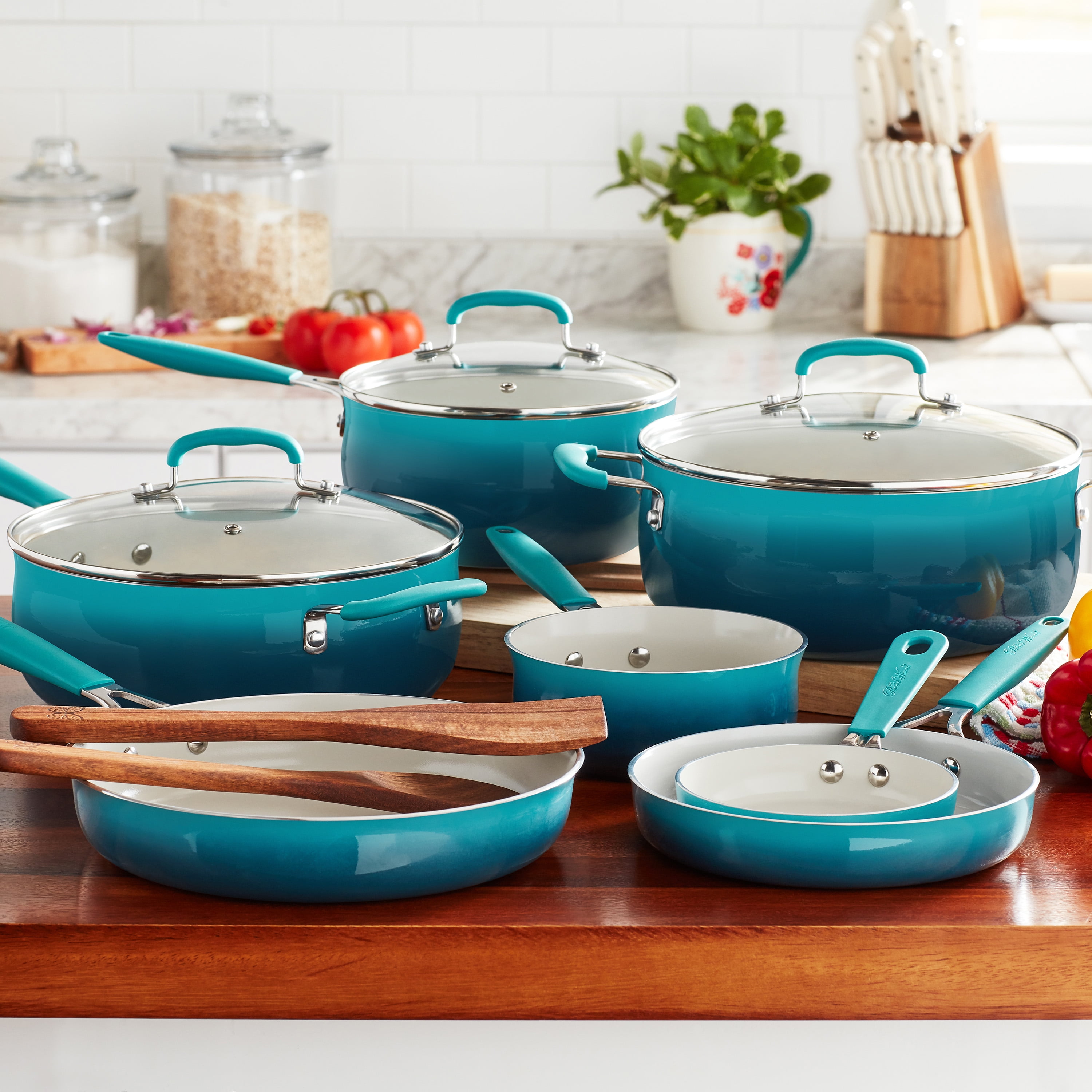 The Pioneer Woman 12-Piece Classic Belly Ceramic Cookware Set, Porcelain Enamel, Ombre Teal