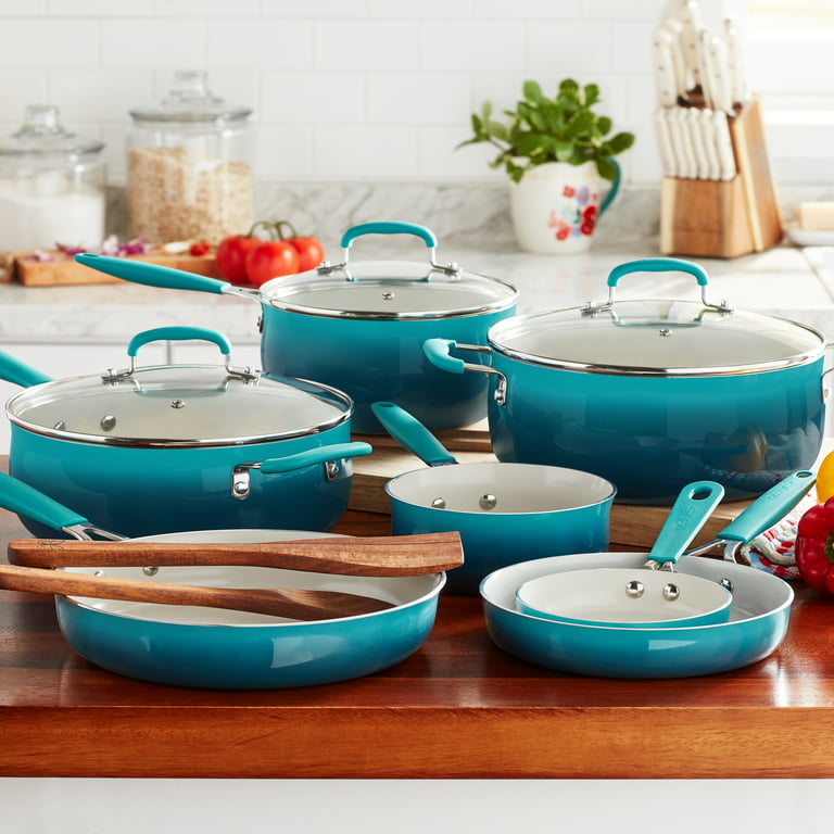 NEW PIONEER WOMAN 12 PIECE OMBRE TEAL CERAMIC COOKWARE SET! + 12
