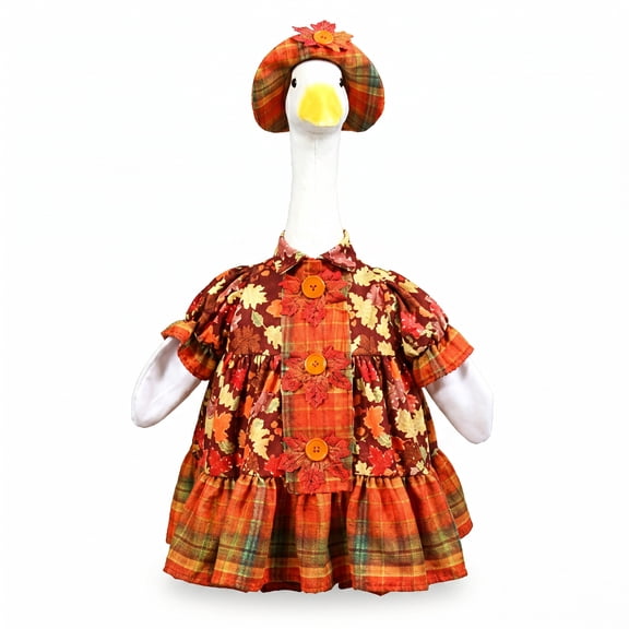 Autumn Maple Leaf Porch Goose Outfit, Seasonal Goose Costume Set with Dress and Hat, Fit for 23'' Cement Garden Goose Statue, Stylish Outdoor Decor for Patio Porch Backyard Fall Decoration