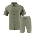 thumbnail image 6 of Men's Linen Vacation 2-Piece Beach Set, Solid Color Lightweight Button-Down Pocket Shirt and Elastic Waist Shorts, Summer Outfit For Holiday,Army Green,L, 6 of 7