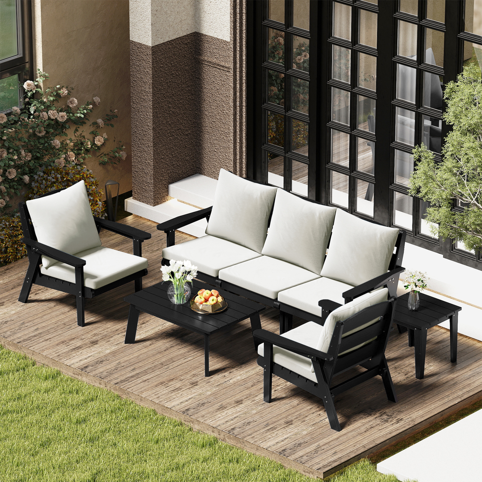 FOOWIN 7-Piece Patio Furniture Set, HDPE Outdoor Conversation Set with 5 Seating & Cushions, Perfect Patio Sofa Set for Garden, Porch, Backyard, Black Frame with Beige Cushion