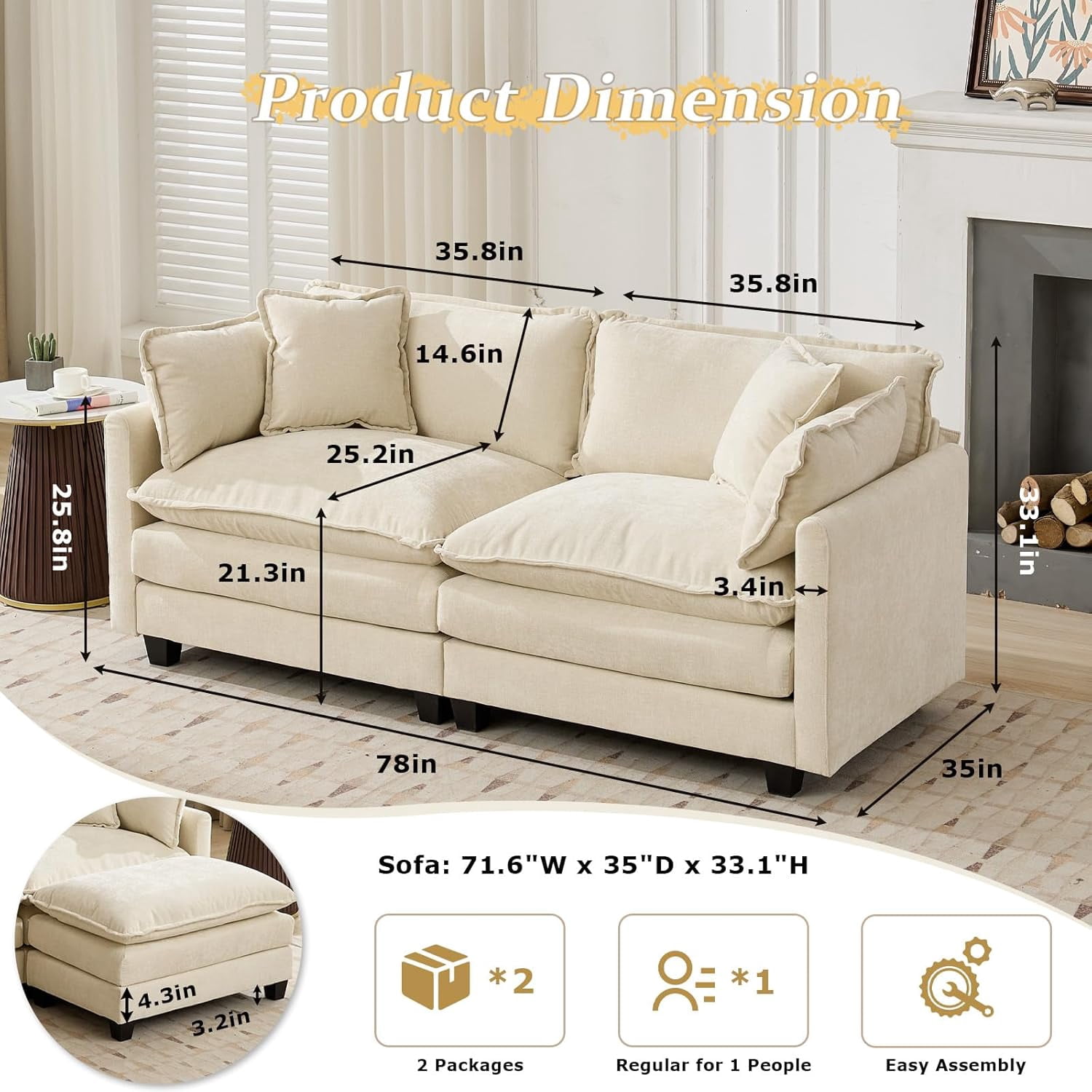 YWEN 77.95" Chenille Sectional Sofa, Comfy Modular Loveseat Sofa, Modern 2-Seat Couch Deep Seat Sofa Set for Living Room,Beige