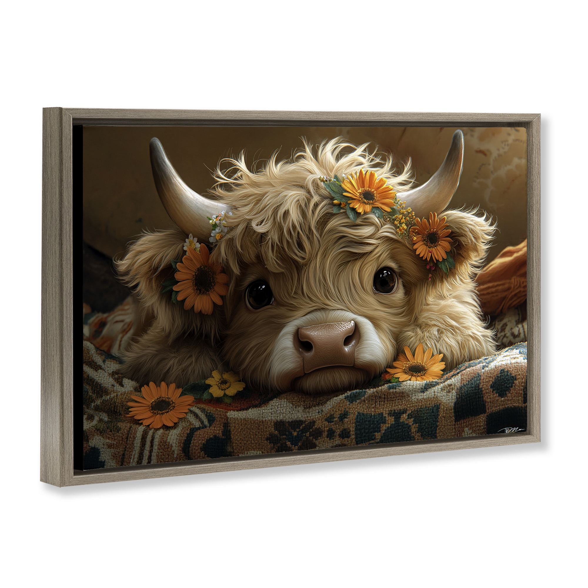 Adorable Flower Bedecked Cattle Brown Framed Floater Canvas Wall Art, design by Momart