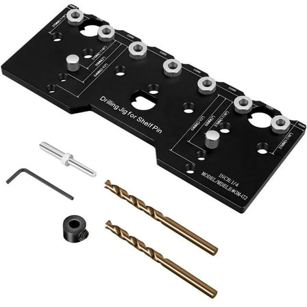 Adjustable Aluminum Alloy Cabinet Hardware Jig Shelf Pin Jig with 2 PCS 1/4 Inch Drill Bits Woodworking Pocket Hole Punch Locator Drill Guide