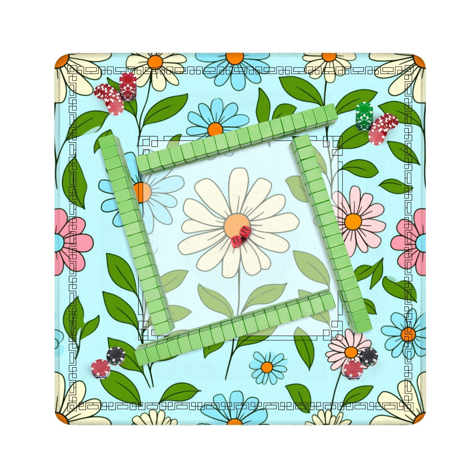 Mahjong Mat 31.5" x 31.5" Colorful Floral Daisies Leaves Light Blue Non-Slip Noise Reduction American Mahjong Tiles Table Cover for Dominoes Poker Card Board Games Gift