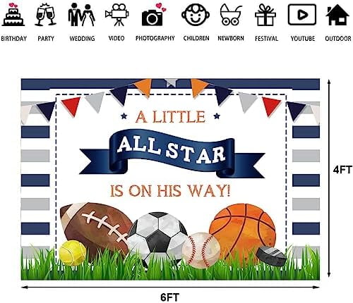 A Little All Star is On His Way Baby Shower Backdrop Boys Sports