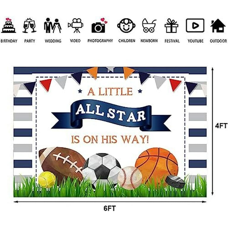 A Little All Star is On His Way Baby Shower Backdrop Boys Sports Birthday Background Football Basketball Tennies Golf Newborn Baby Party Decorations