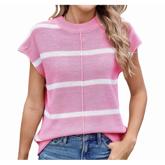 Women Cap Sleeve Tank Tops Striped Crew Neck Casual Loose Fit Spring Summer Pullover Knit Sweater Vest Pink & White L
