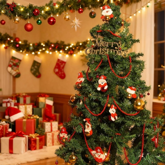 ZZkhGO Guirlande de Perles en Bois de Noël, 4 Mètres Guirlande de Perles Rouges pour Arbre, Décoration de Perles Suspendue pour la Maison pour Foyer Fenêtre Cadeau des Fêtes