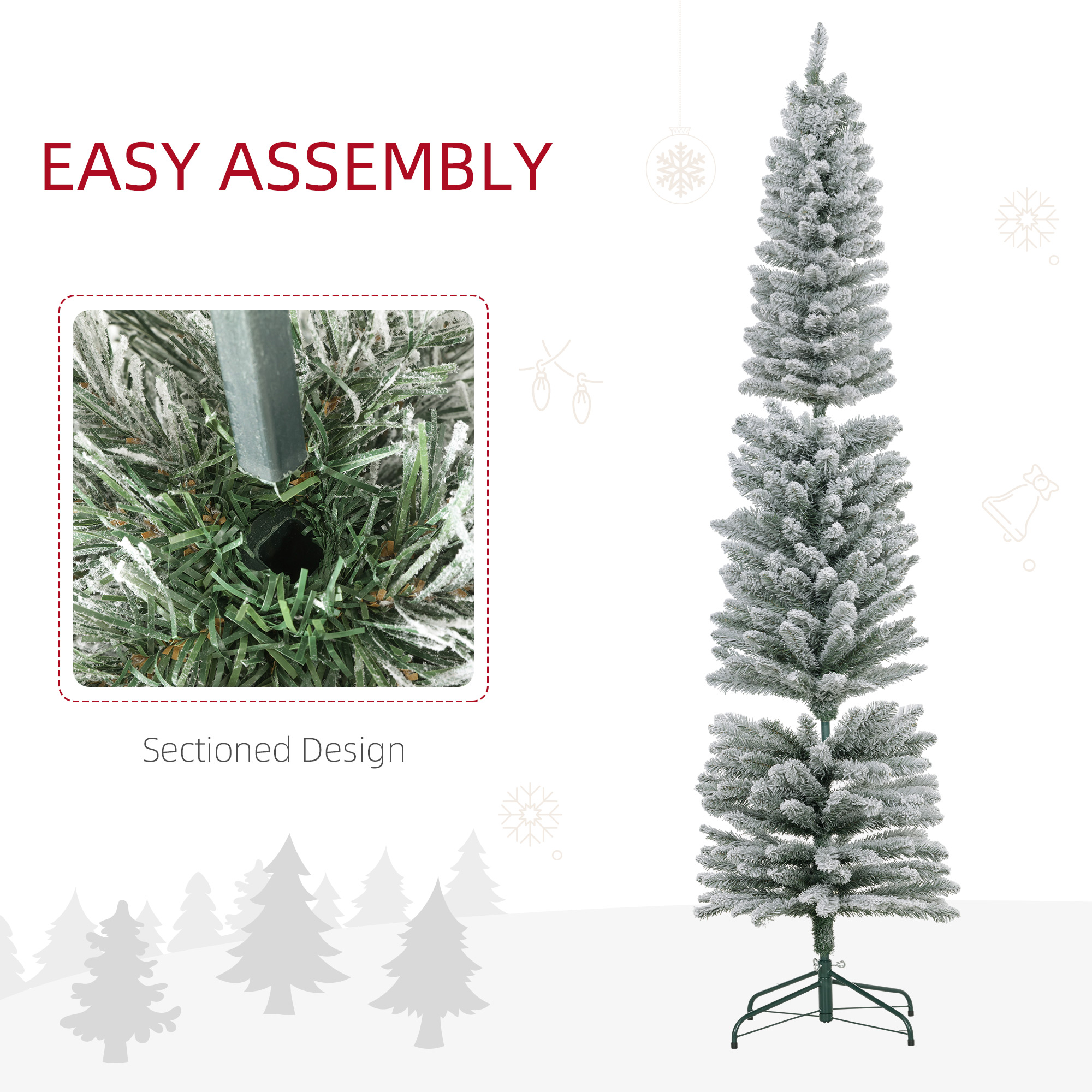 Alvantor Christmas Tree Snowy Pencil with 405 Tips, Unlit with Metal Stand 22.8"x22.8"x82.7" 7ft White