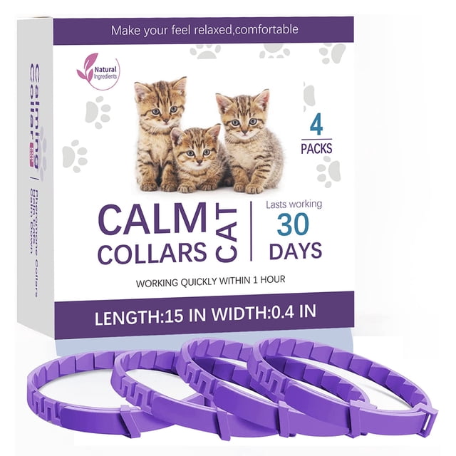 Portable Pet Calming Collars Long Lasting Stress Anxiety Relief Pet Neck Accessories for Cats Dogs. The image features purple calming collars for cats and dogs, displayed with packaging emphasizing 30-day pheromone-based stress relief and natural ingredients. These flexible collars are designed to reduce anxiety from triggers like travel, noise, and separation.