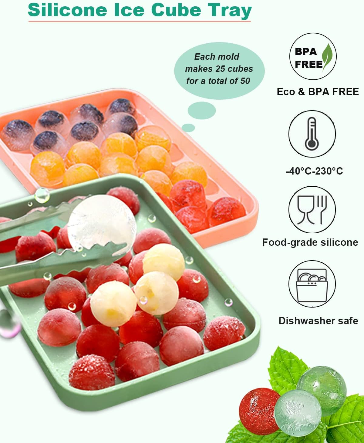 Silicone Ice Cube Molds 2 Pack, Round Ice Cube Tray Silicone with Lid, Flexible 25-Cavity Easy Release Ice Trays for Freezer, DIY Homemade Ice Cubes for Cocktail, Whiskey, Juice, BPA Free