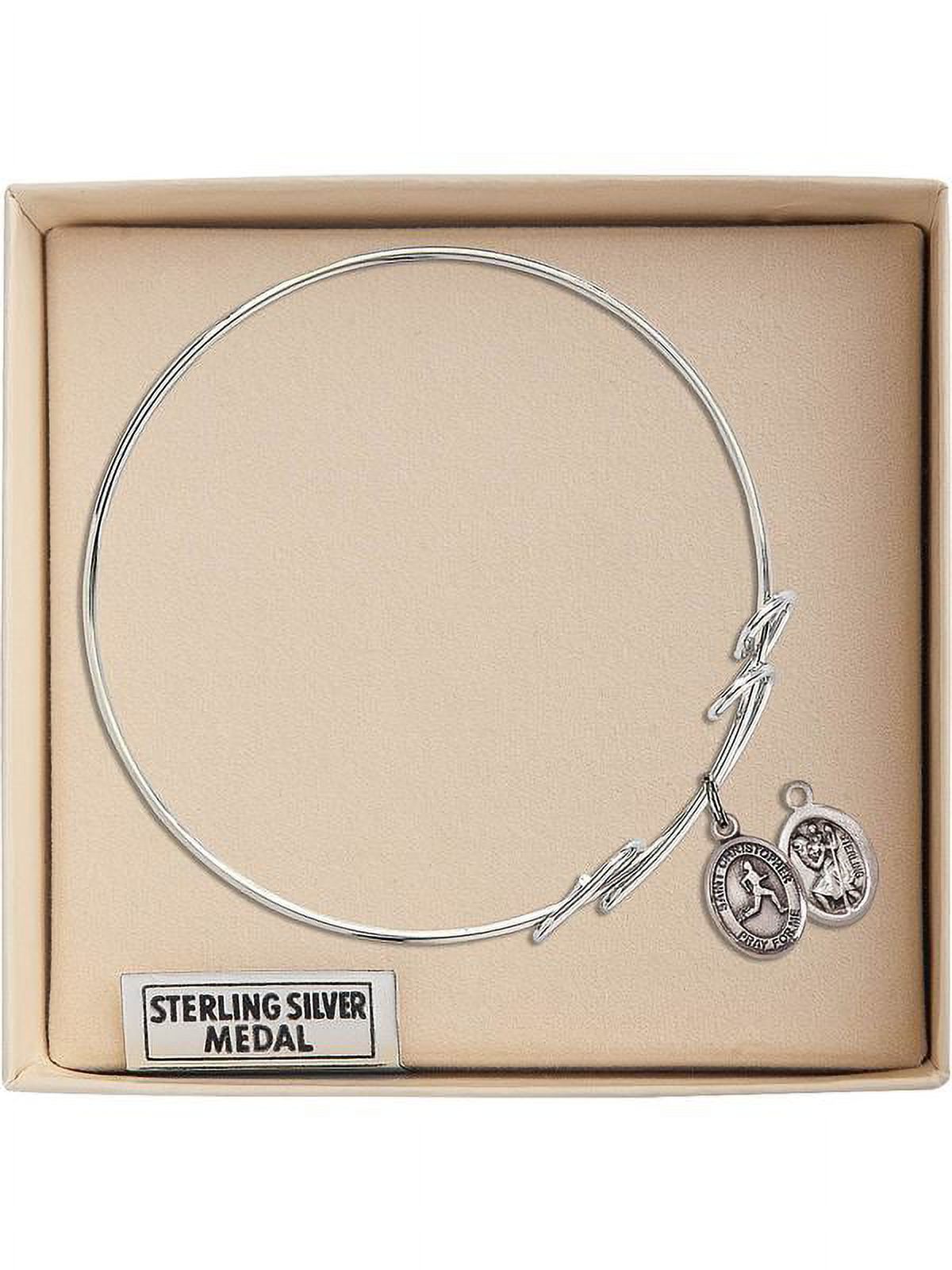 8 inch Round Double Loop Bangle Bracelet w/ St. Christopher/Track & Field in Sterling Silver