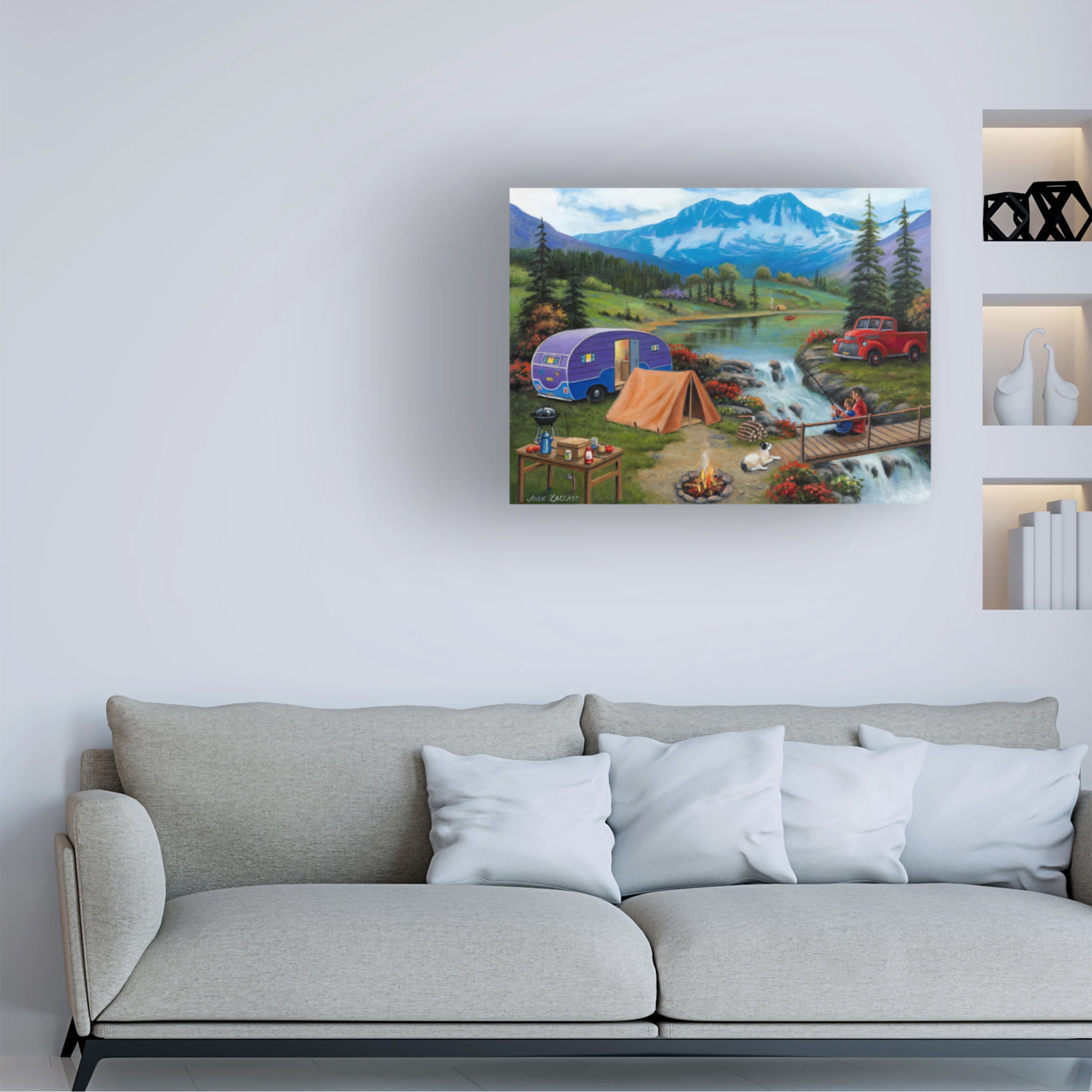 Canvas Wall Art - John Zaccheo 'Fishing By the Falls' Wall Art for Living Room, Bedroom, or Office Décor by Trademark Fine Art - 19 x 14 Inches