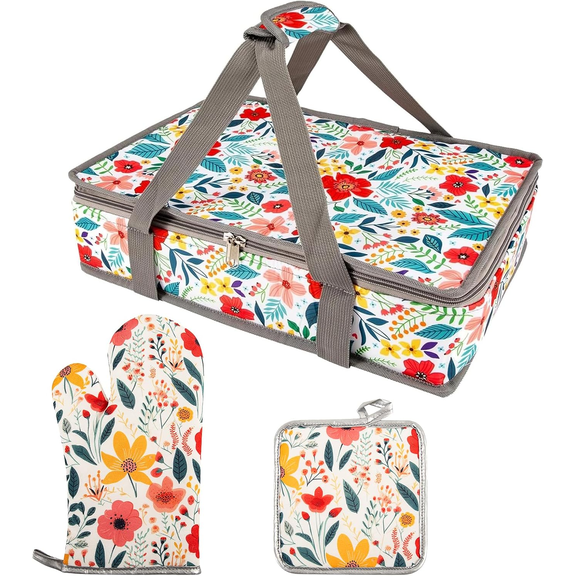 Numjaw Casserole Carrier for Hot or Cold Food, Insulated Casserole Travel Carry Bag with Oven Mitts and Pot Holders Set, Gifts for Women