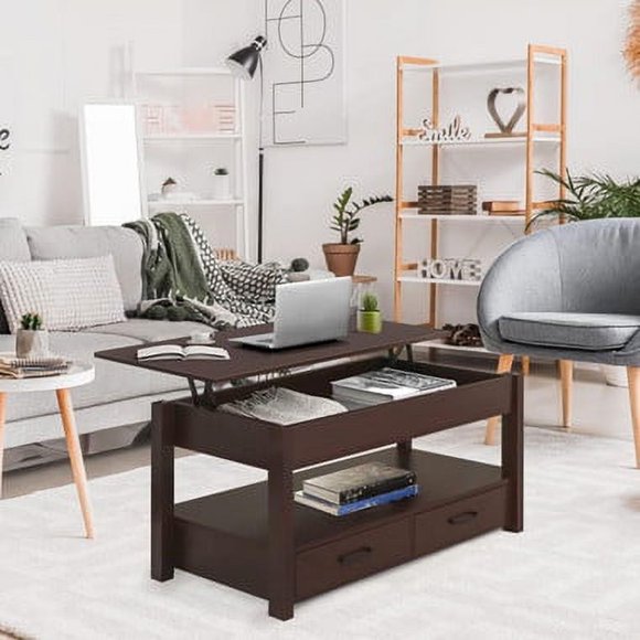 2 Drawer Lift Top Coffee Table with Hidden Compartment & 2 Storage Shelves - Living Room Dining Table with Rising Tabletop Lifttop Desk for Apartment, Home, Condo - Espresso