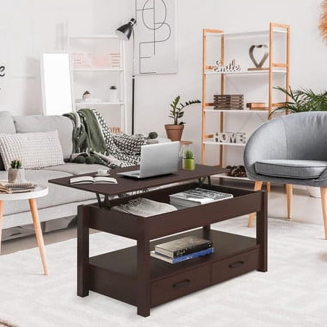 2 Drawer Lift Top Coffee Table with Hidden Compartment & 2 Storage Shelves - Living Room Dining Table with Rising Tabletop Lifttop Desk for Apartment, Home, Condo - Espresso