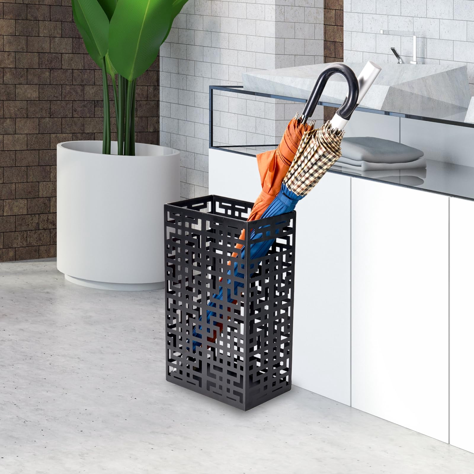 Umbrella Stand Rack For Entryway  Hollow Metal Holder Freestanding Storage Bin Long Holds 6-7 Black
