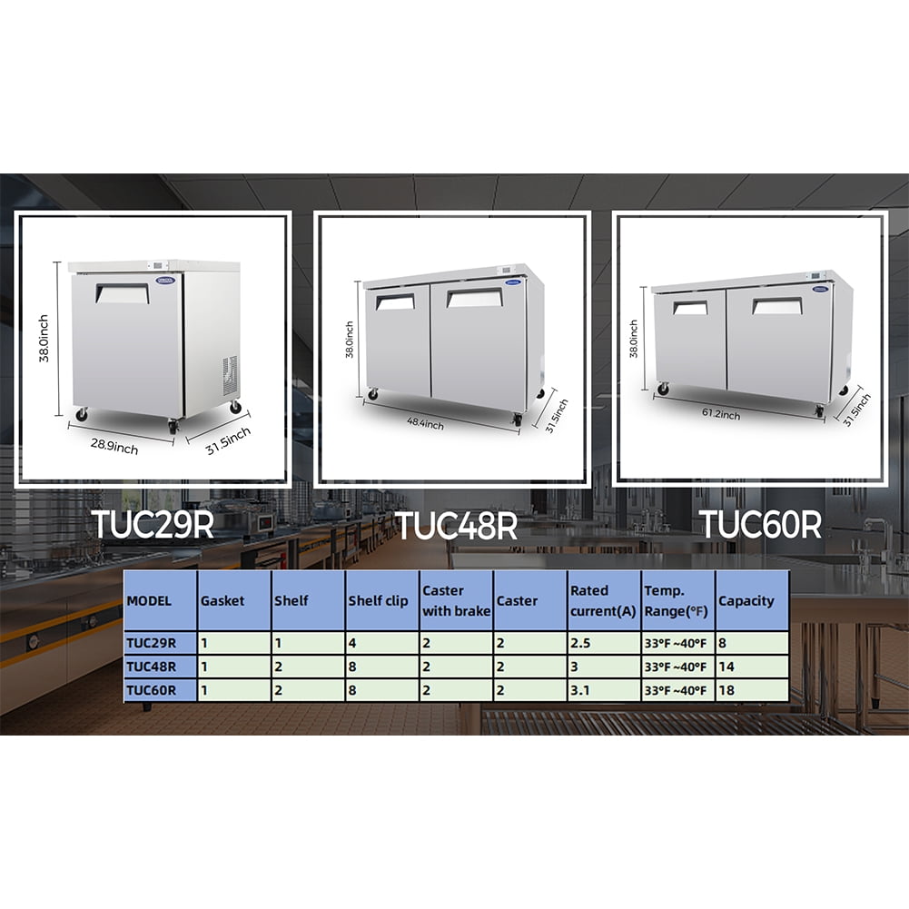 Commercial Undercounter Refrigerators with Self Closing Door, Frosting Water Evaporation System and Automatic Defrosting Function