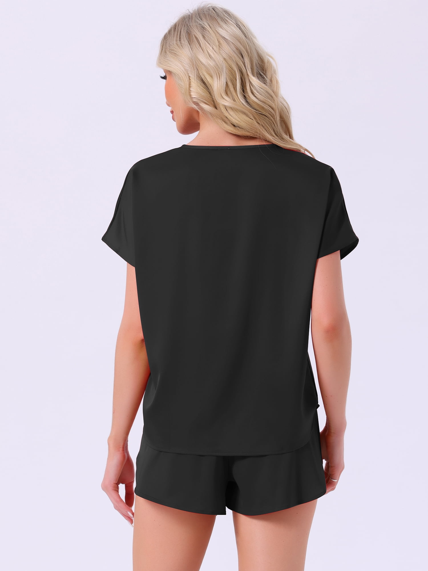 DARING DIVA Satin Pajama Short Sleeve Crew Neck Top Set XL Black