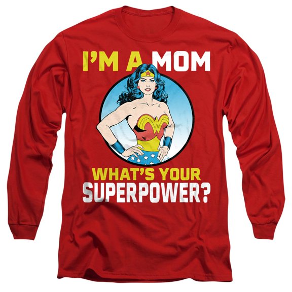 Wonder Woman Wonder Woman Mother's Day What's Your Superpower Unisex Adult Long-Sleeve T Shirt, Red, Medium