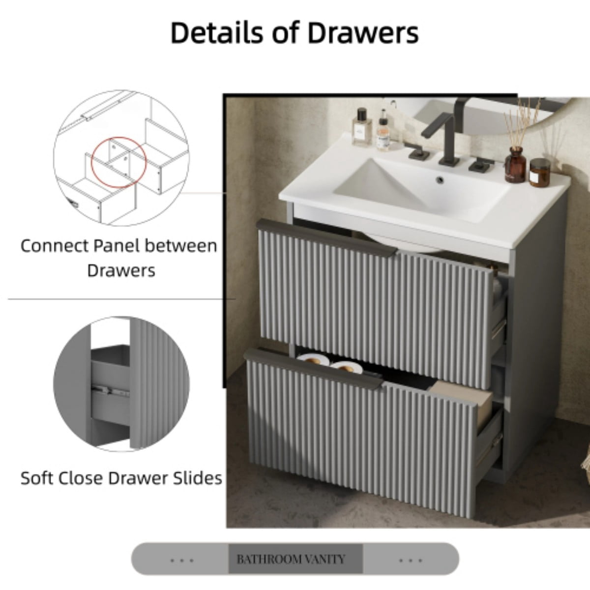 30" Bathroom Vanity with Ceramic Sink, Freestanding Bathroom Cabinet with Full Extension Drawers, Soft Close Slides, Fluted Design, Gray