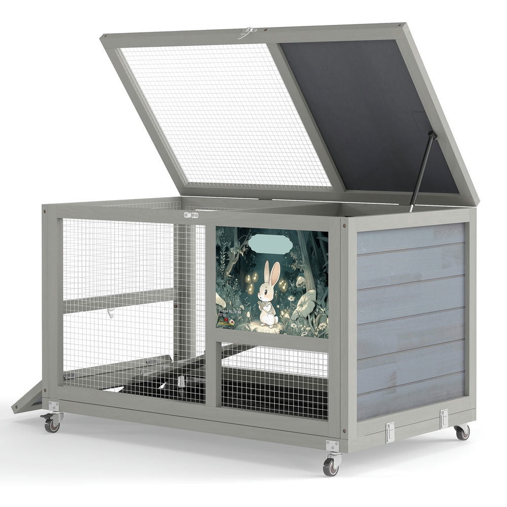 GVN Rabbit Coop, Rabbit House, Duck Rabbit Cage,2-Tier Bunny Hutch, Wood Rabbit Cage on Wheels with Openable Roof, Ramp, Easy-to-Clean Tray, Gray