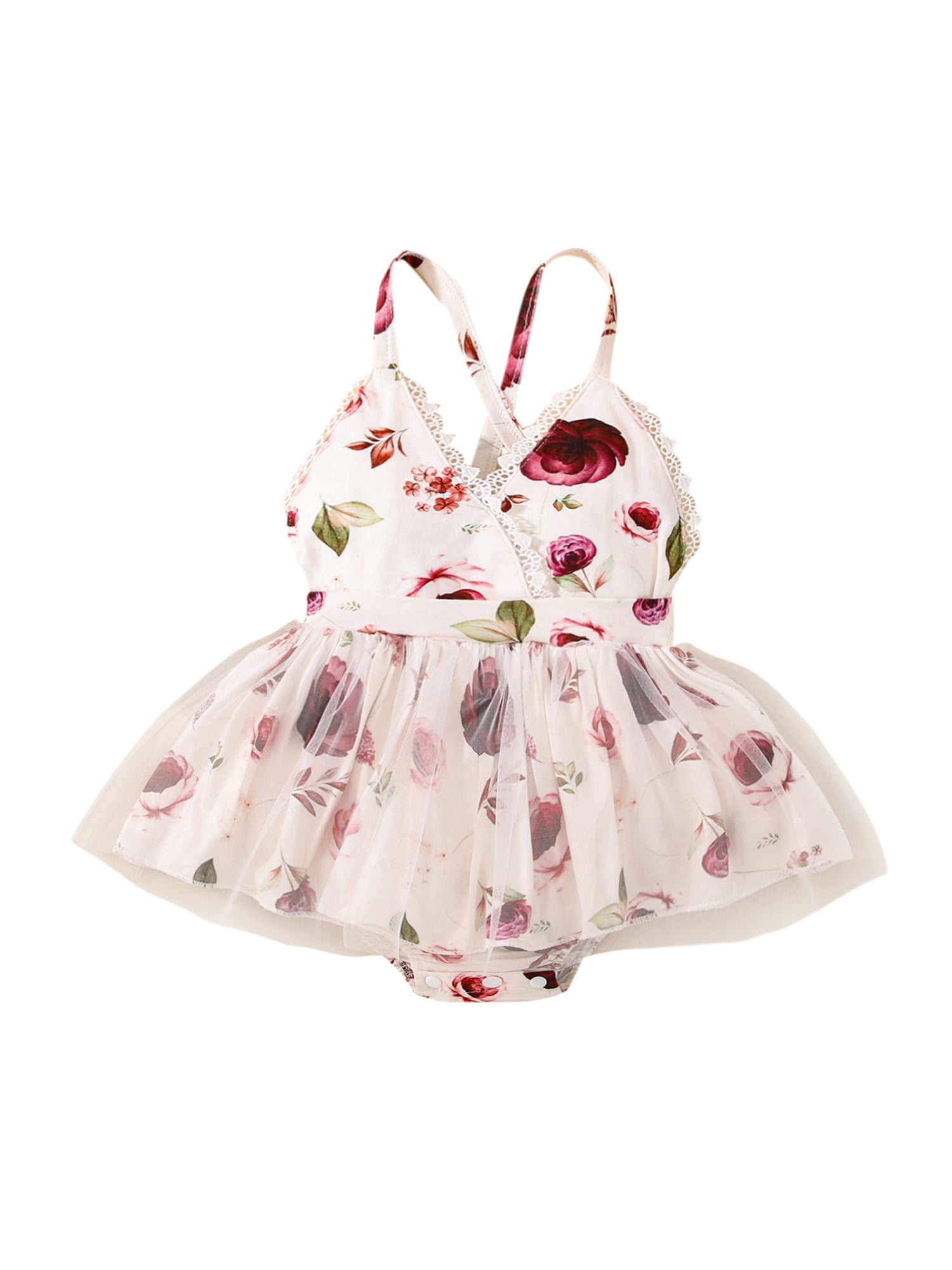 Infant Baby Girls V-Back Tulle Romper Dress Lace Embroidery Bodysuit Jumpsuit 