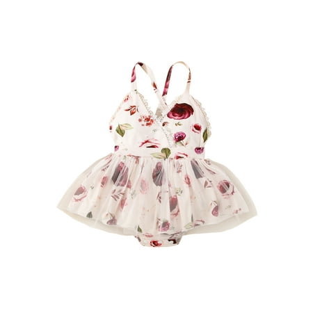 

Suanret Infant Baby Girl Floral Romper Sleeveless V-Neck Lace Mesh High Waist Short Bodysuit Wine Red 6-9 Months