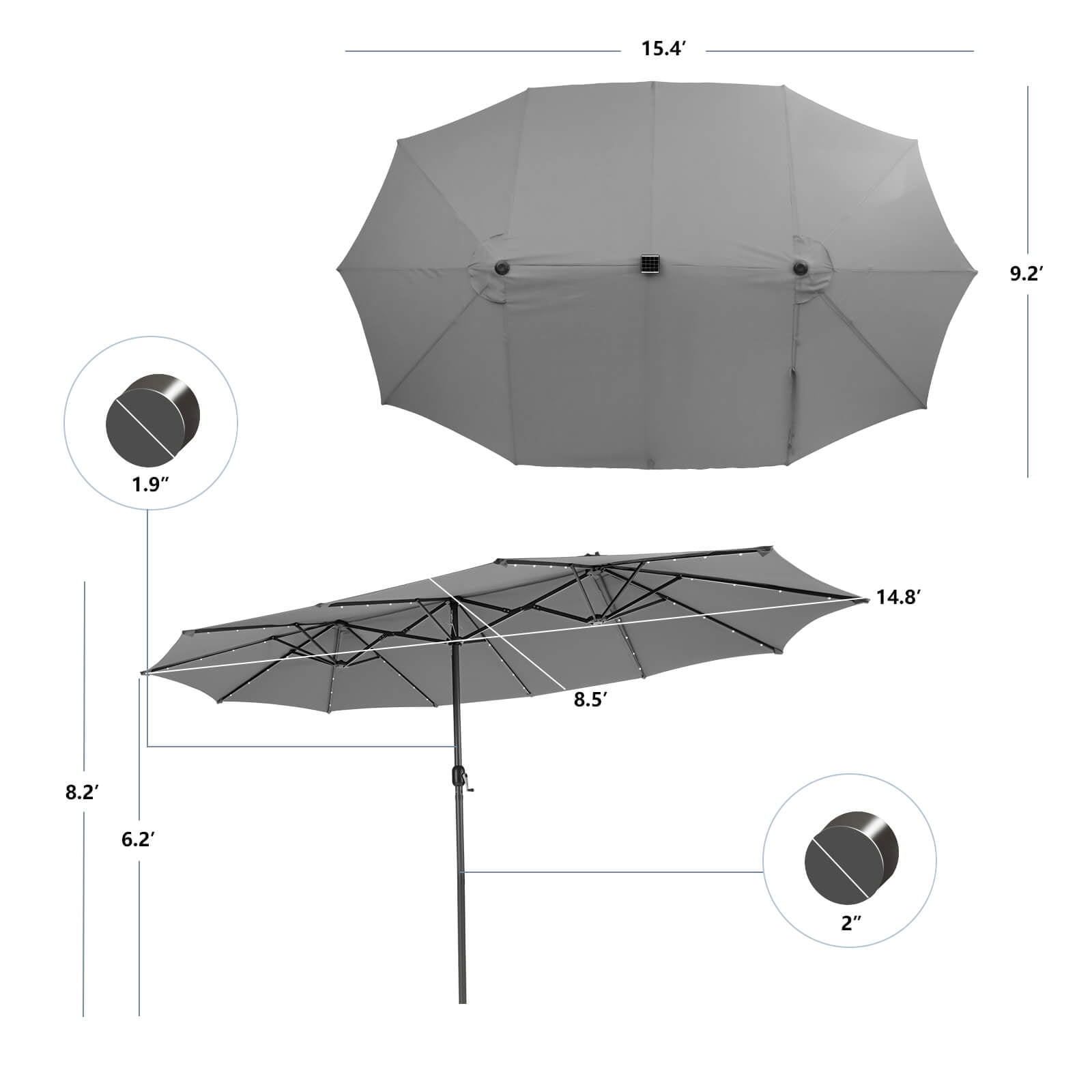 Costway 15 FT Twin Patio Double-Sided Umbrella 48 Solar LED Lights Crank Outdoor Gray