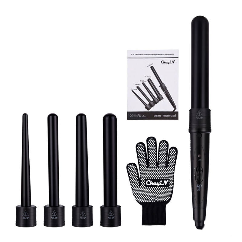 CkeyiN 5 in 1 Hair Curling Set, Multifunctional Ceramic Curling Iron Wand with 5 Replaceable Curling Barrels and 1 Heat Resistant Glove, Adjustable Temperature