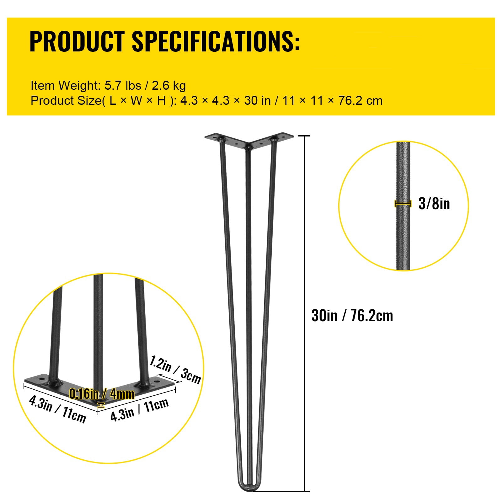 VEVOR Hairpin Table Legs 30 inch, Set of 4 DIY Desk Table Legs 3 Rods Heavy Duty