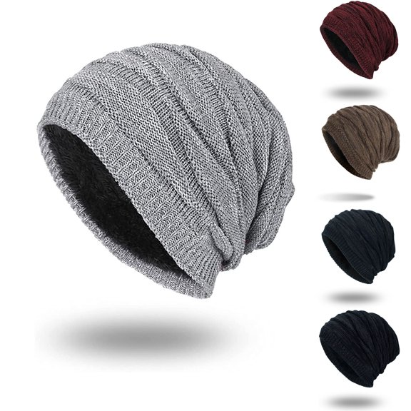 Helii Fleece Lined Slouchy Beanie Hat for Men Women, Winter Knit Warm Skull Cap Thick Thermal Soft Stretchy Acrylic Beanie, Oversized Baggy Cold Weather Hat Wine,One Size