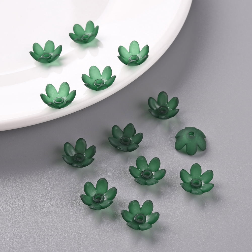 Frosted Acrylic Bead Caps 6-Petal Flower Dark Green 14x6mm Hole: 2mm 1660pcs/500g