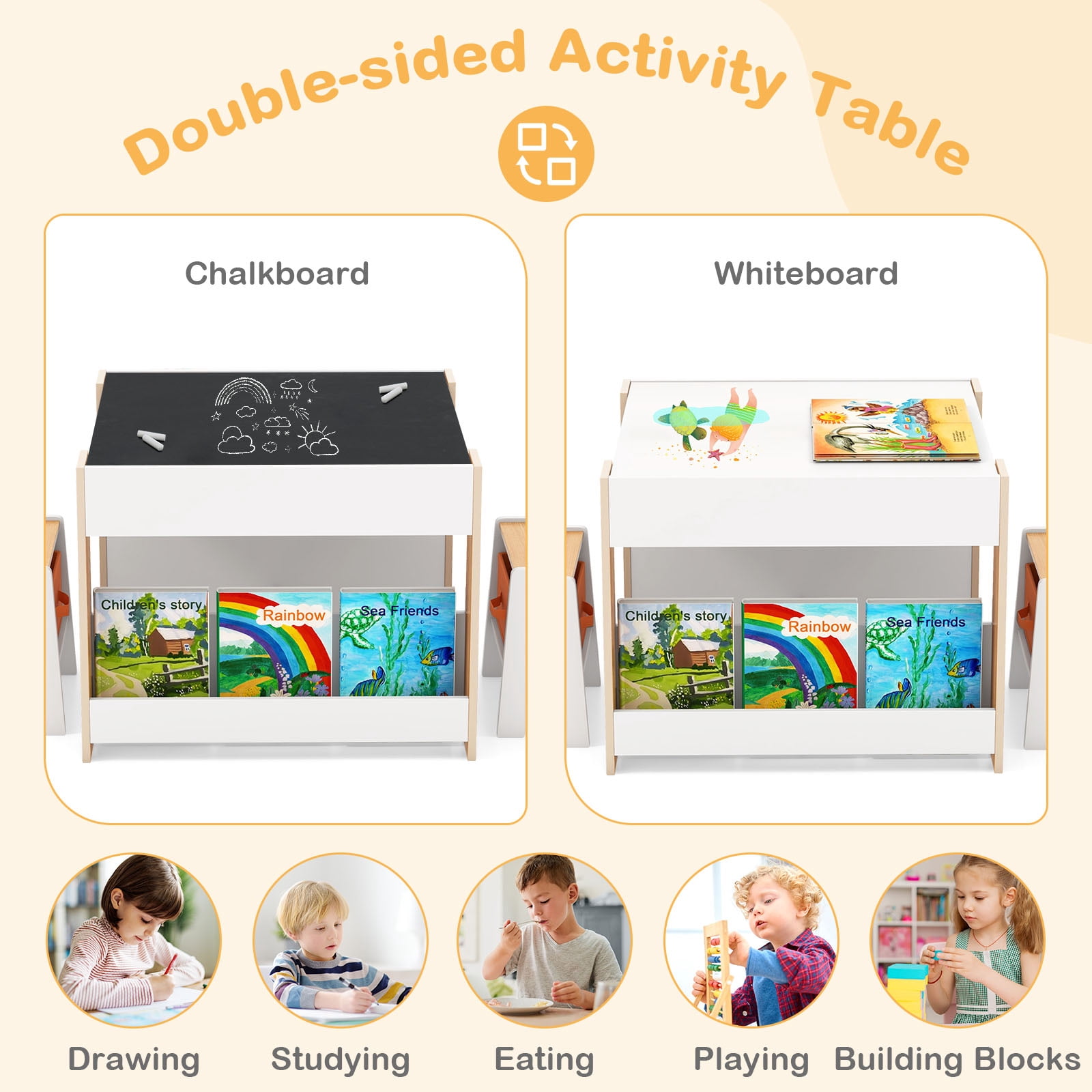 Costway 4-in-1 Kids Table & Chair Set Toddler Wooden Activity Table with Side Bookshelves Beige