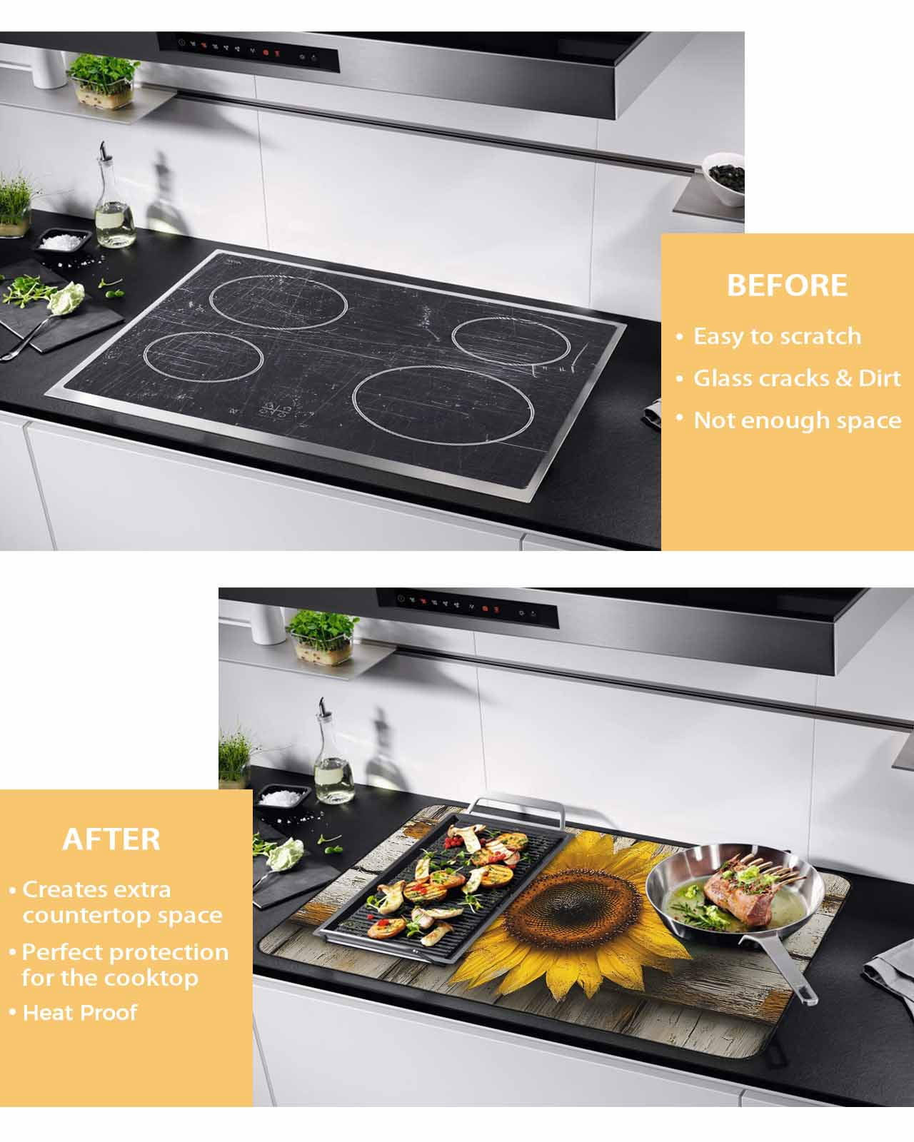 nqOlkjepod Large Induction Cooktop Protector Mat 24"x21", Vintage Sunflower Stove Top Covers for Electric Stove, Farmhouse Retro Wooden Floral Stove Burner Cover Mats, Glass Top Stove Cover