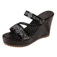 thumbnail image 5 of Rokment Womens Sparkly Sequin Wedge High Heels Slides Sandals Bride Wedding Bling Leather Braided Band Open Toe Platform Chunky Slip on Heeled Summer Dressy Shoes for Ladies Black Size 6, 5 of 7