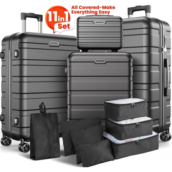 11 Piece Hardside Luggage Suitcase Set with 360° Double Spinner Wheels & Lock, 14” Travel Case, 20" Carry-On Luggage, 24" Checked Luggage and 28" Checked Luggage, Black