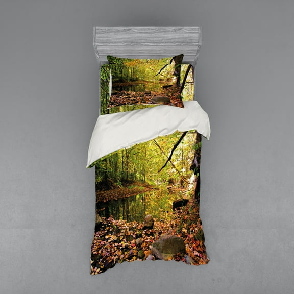 Ambesonne Landscape Bedding Set 3 Pcs, Pine River in Autumn, Twin XL, Green Yellow Cinnamon