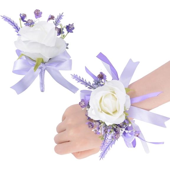 2 Pcs Purple Ribbon White Rose Corsage Wrist Flower, Artificial Wrist Corsage Boutonniere Set for Bridal Wedding Party or Graduation Prom