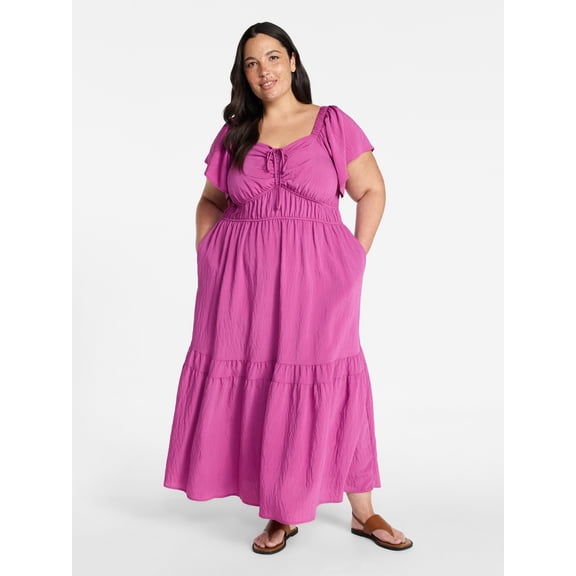 Terra & Sky Women's Plus Size Sweetheart Maxi Dress with Flutter Sleeves, Sizes 0X-5X