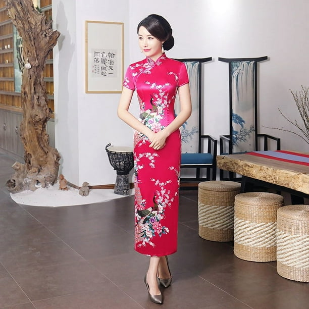 Vestido cheongsam mejorado de primavera y verano, vestido largo de satén con estampado para banquetes diarios, ropa de actuación para mujer