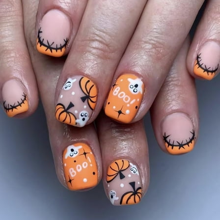 Monebena 24 Pcs Pumpkin Press on Nails Short Square Fake Nails Orange Nails Halloween Little Ghost Full Cover Design Glossy Halloween Glue on Nails Acrylic Nail Kit for Women Manicure