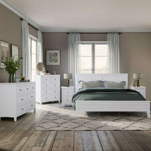 Newboti White Solid Wood 5 Pieces Queen Bedroom Sets(bed& nightstand*2& chest& dresser) 934735240279055